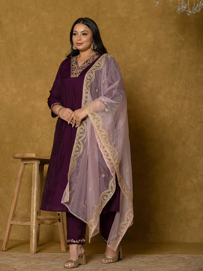 Purple Silk Embroidered Plus Size Kurta Dupatta Set