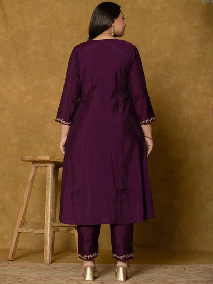 Purple Silk Embroidered Plus Size Kurta Dupatta Set