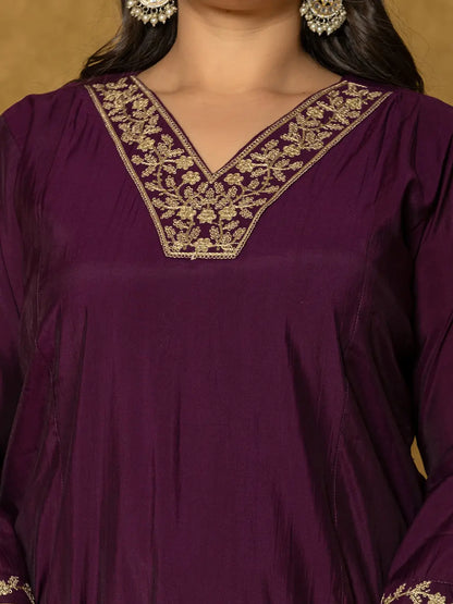 Purple Silk Embroidered Plus Size Kurta Dupatta Set