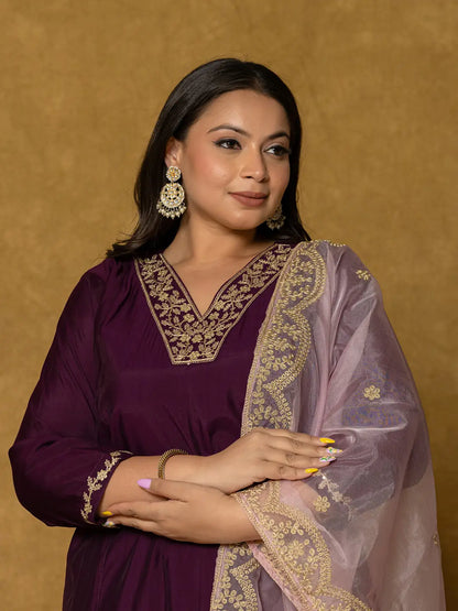Purple Silk Embroidered Plus Size Kurta Dupatta Set