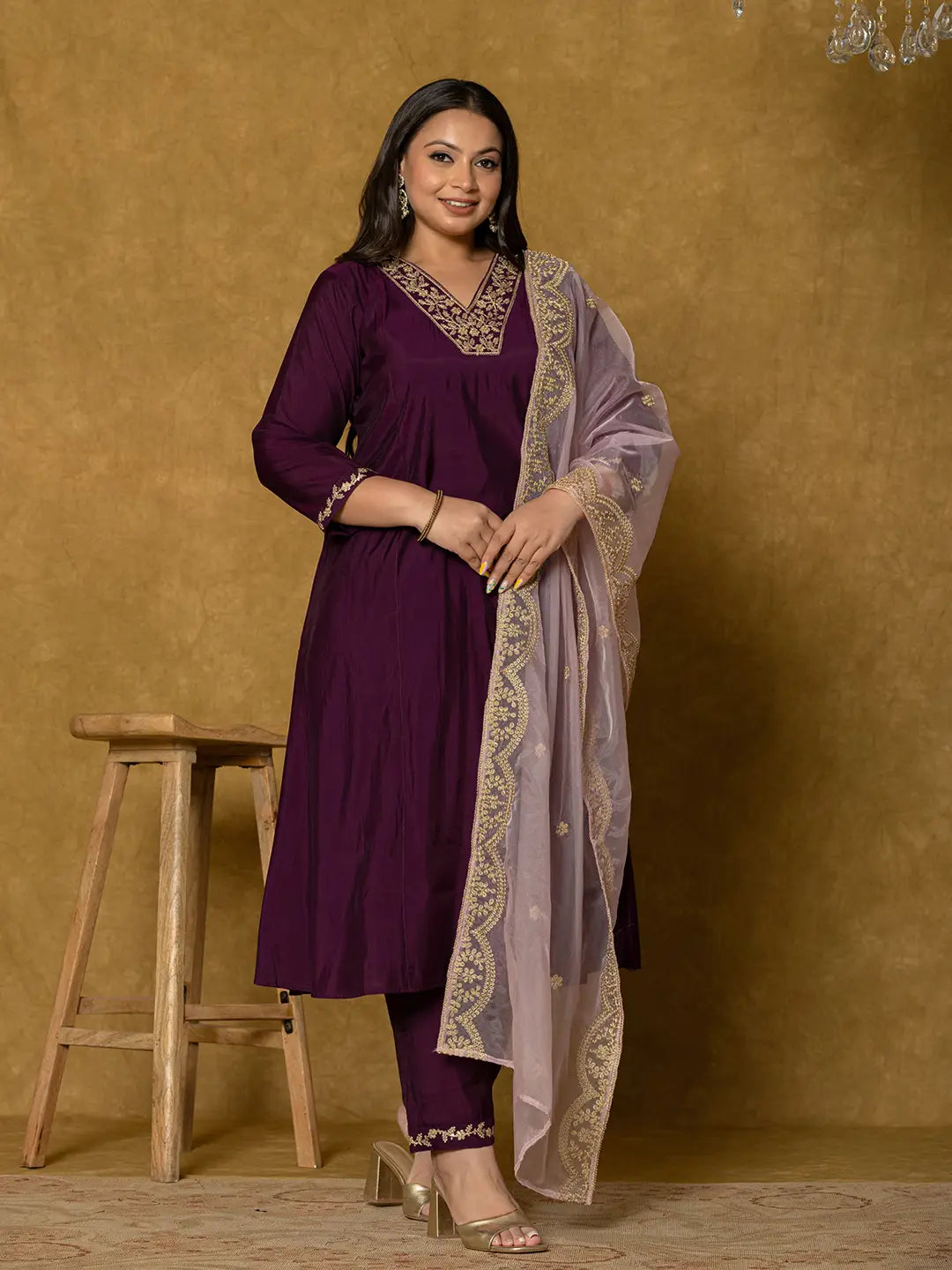 Purple Silk Embroidered Plus Size Kurta Dupatta Set