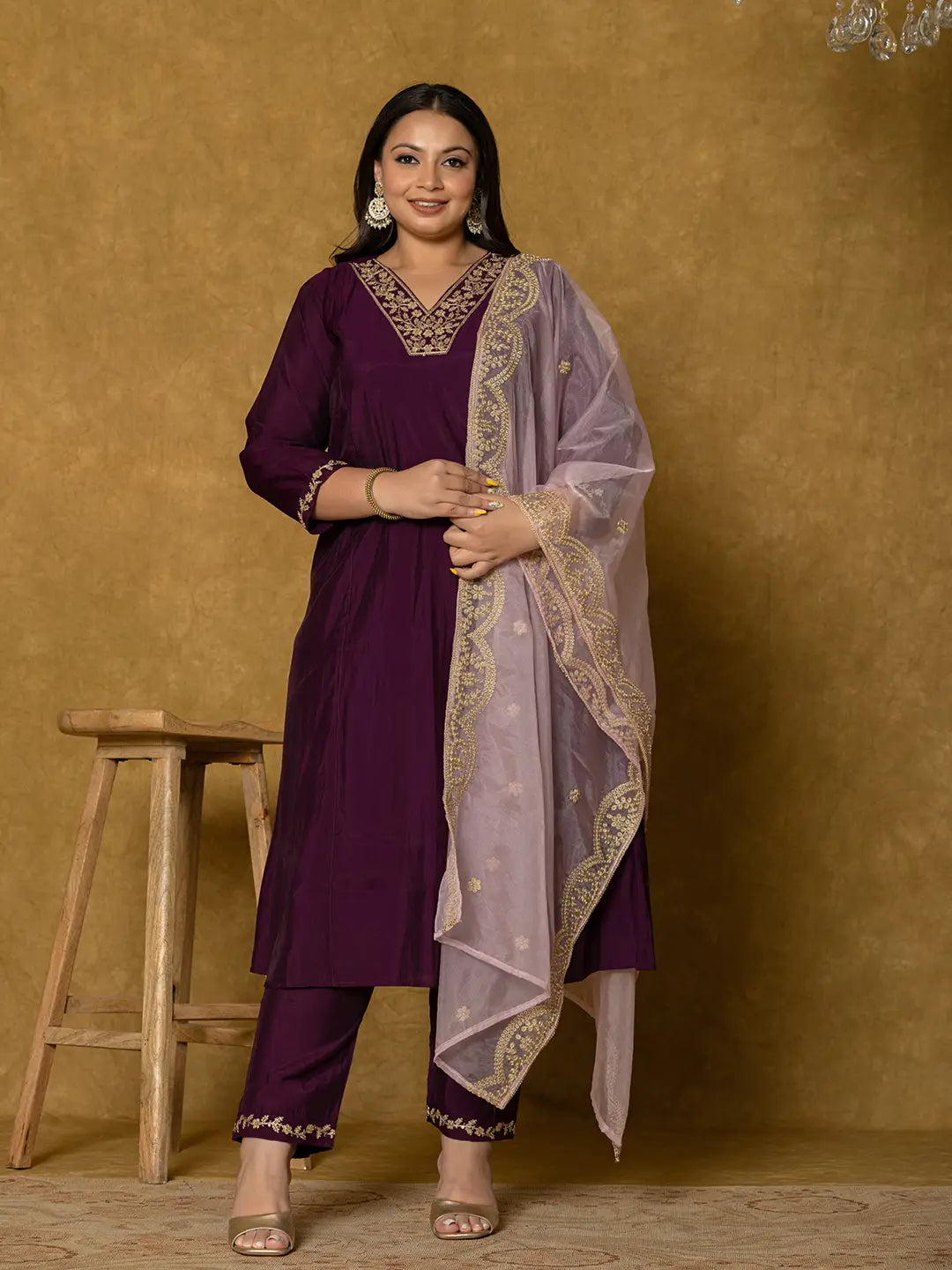 Purple Silk Embroidered Plus Size Kurta Dupatta Set