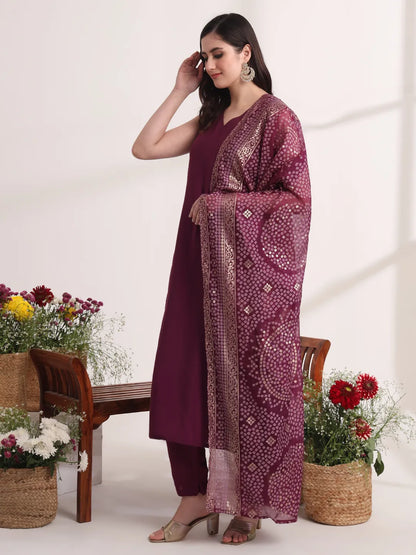Purple Solid A-Line Kurta Trouser And Dupatta Set