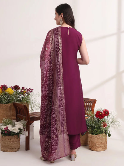 Purple Solid A-Line Kurta Trouser And Dupatta Set