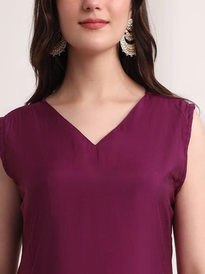 Purple Solid A-Line Kurta Trouser And Dupatta Set