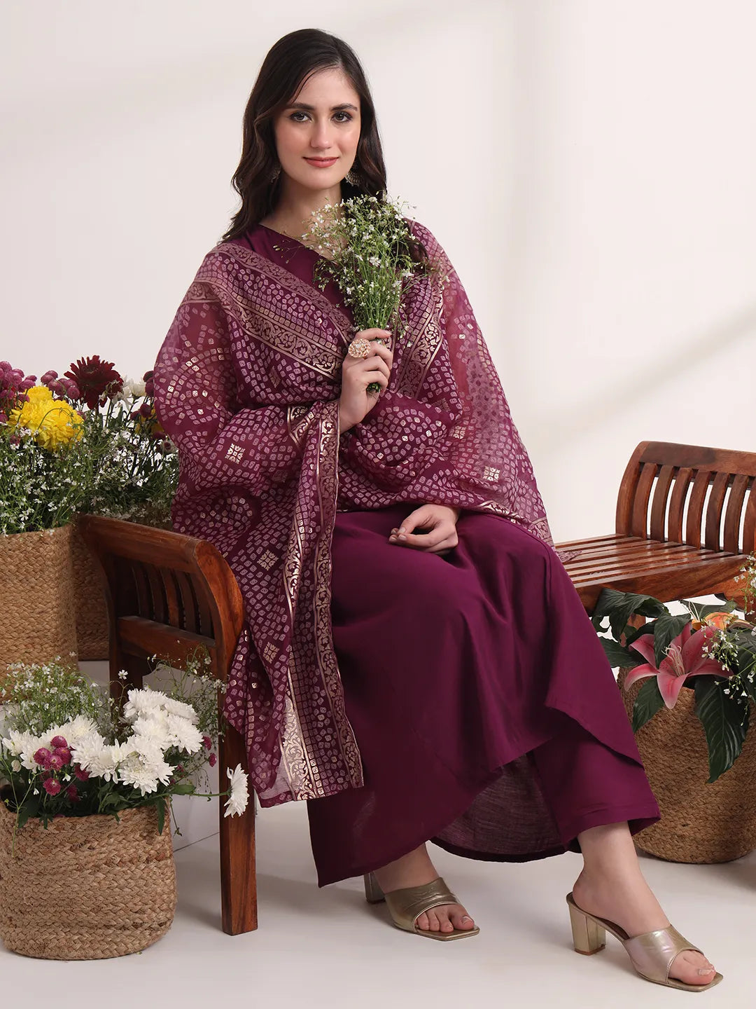 Purple Solid A-Line Kurta Trouser And Dupatta Set