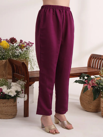 Purple Solid A-Line Kurta Trouser And Dupatta Set