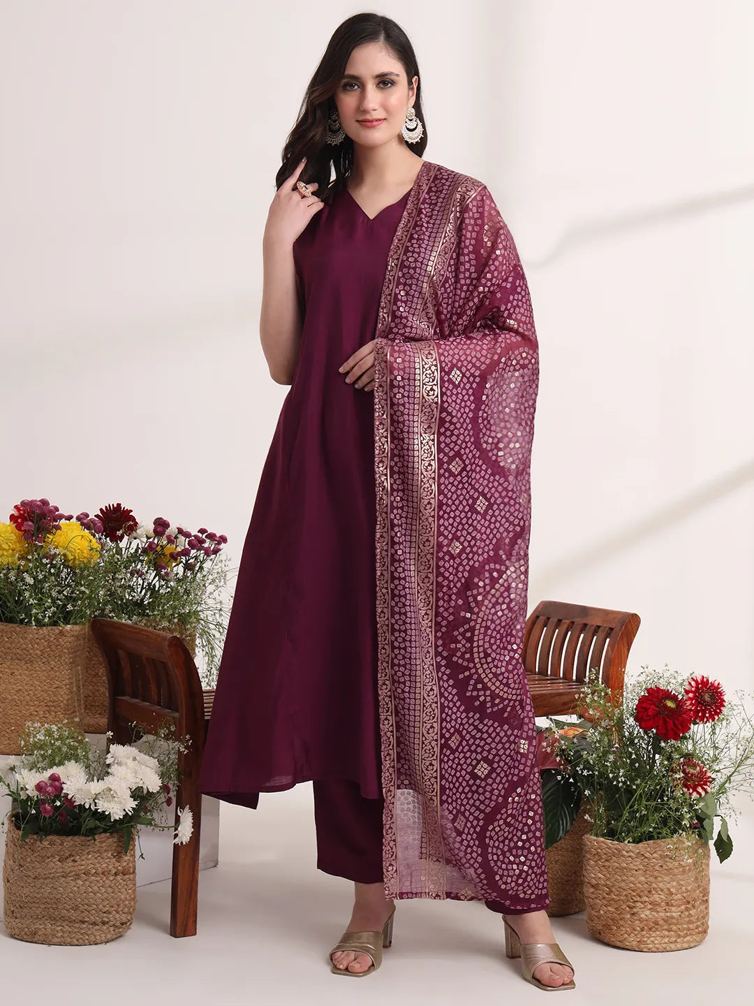 Purple Solid A-Line Kurta Trouser And Dupatta Set