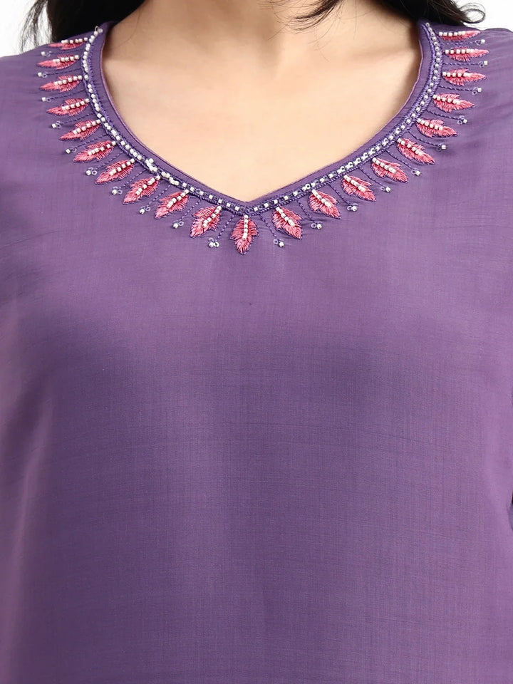 Purple Solid Straight Style Chanderi Silk Lining Kurta Trouser Dupatta Set
