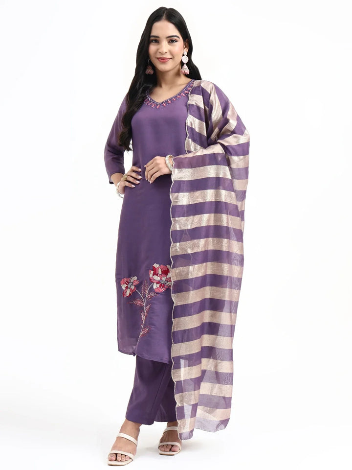 Purple Solid Straight Style Chanderi Silk Lining Kurta Trouser Dupatta Set