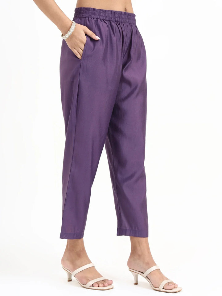 Purple Solid Straight Style Chanderi Silk Lining Kurta Trouser Dupatta Set
