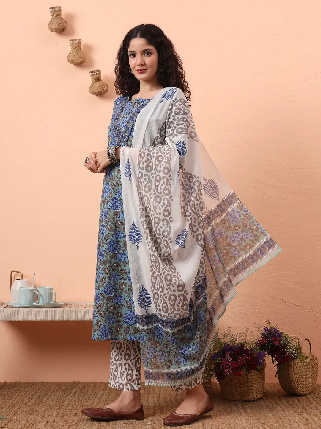 Rama Green And Blue Floral Sequins Work Straight Kurta Trouser Dupatta Set