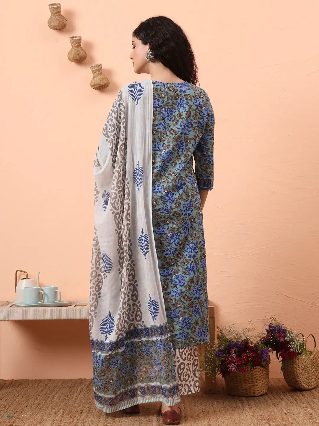 Rama Green And Blue Floral Sequins Work Straight Kurta Trouser Dupatta Set