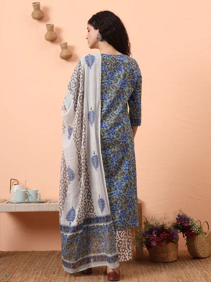 Rama Green And Blue Floral Sequins Work Straight Kurta Trouser Dupatta Set
