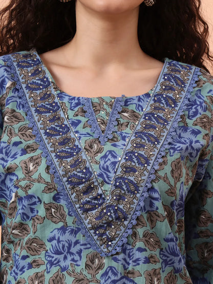 Rama Green And Blue Floral Sequins Work Straight Kurta Trouser Dupatta Set