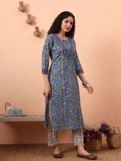 Rama Green And Blue Floral Sequins Work Straight Kurta Trouser Dupatta Set