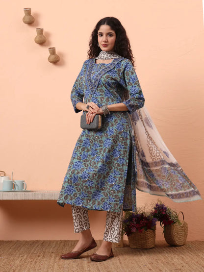 Rama Green And Blue Floral Sequins Work Straight Kurta Trouser Dupatta Set