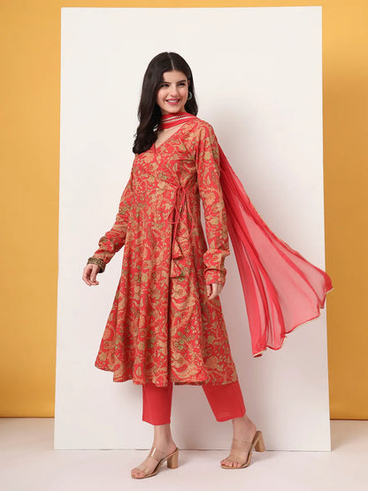 Red Cotton Anarkali Kurta With Dobby Dupatta Set