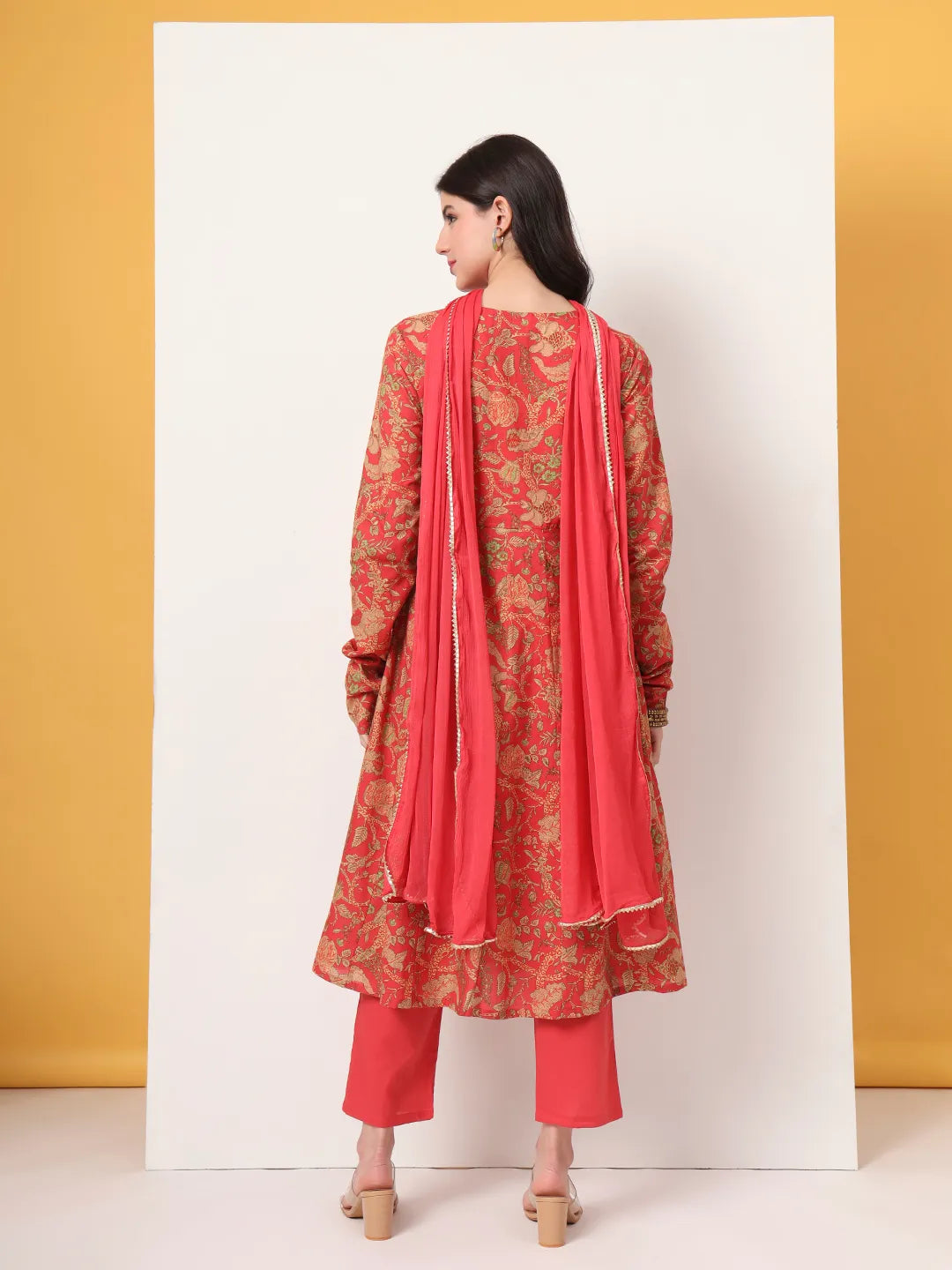 Red Cotton Anarkali Kurta With Dobby Dupatta Set
