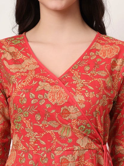 Red Cotton Anarkali Kurta With Dobby Dupatta Set