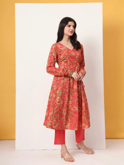 Red Cotton Anarkali Kurta With Dobby Dupatta Set