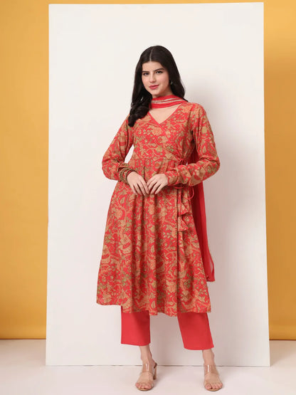 Red Cotton Anarkali Kurta With Dobby Dupatta Set