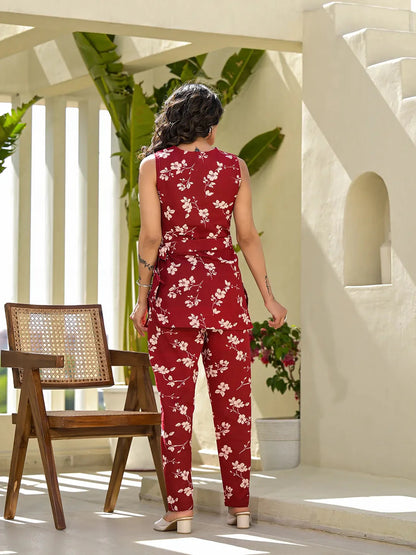 Red Cotton Floral Print Comes With A Belt Co Ord Set