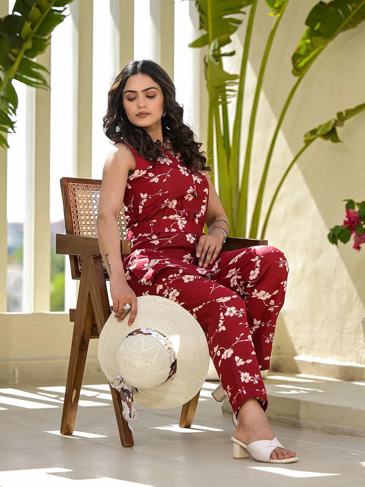 Red Cotton Floral Print Comes With A Belt Co Ord Set