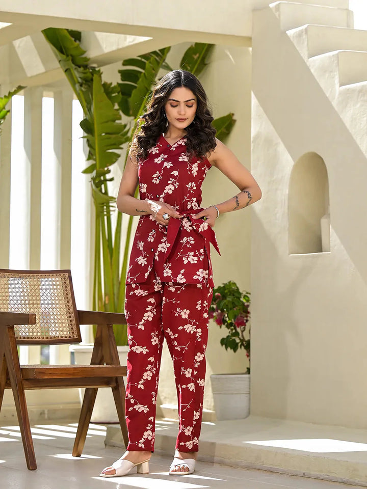 Red Cotton Floral Print Comes With A Belt Co Ord Set