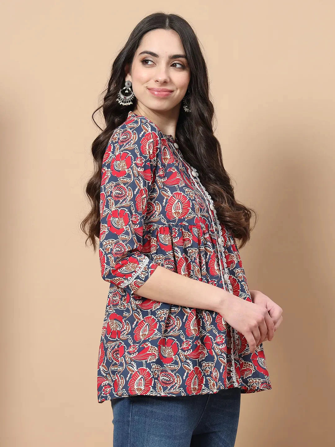 Cotton Floral Print Peplum Top With Lace Detailing