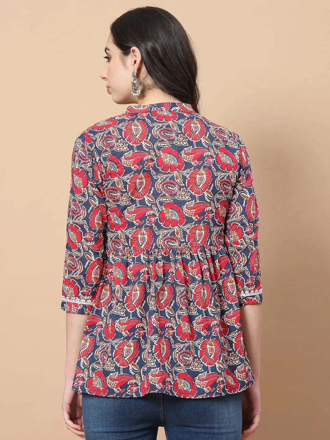 Cotton Floral Print Peplum Top With Lace Detailing