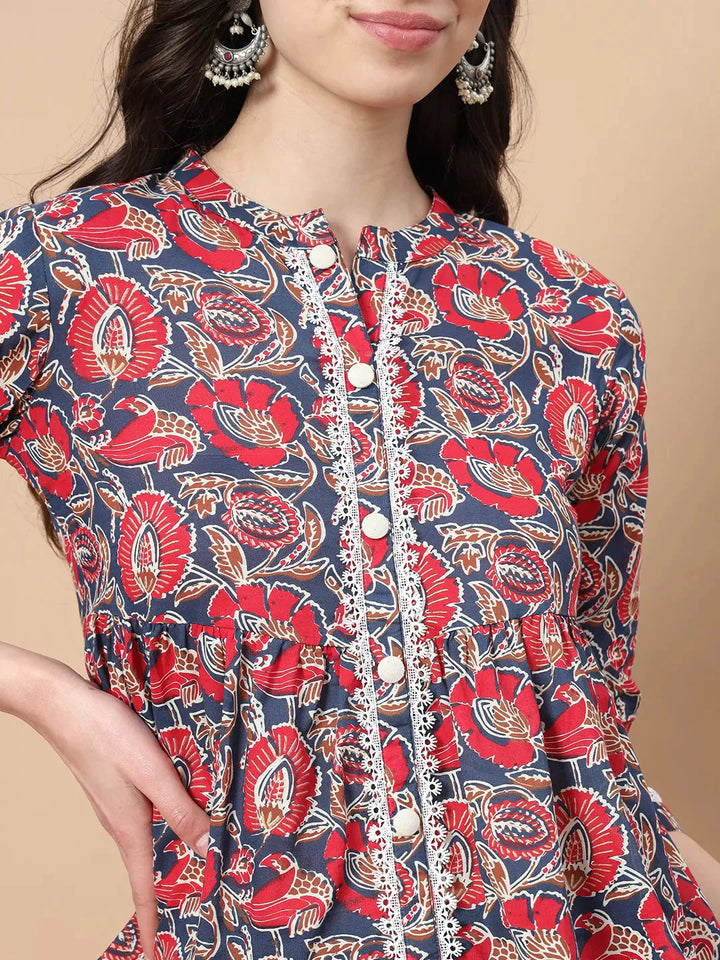 Cotton Floral Print Peplum Top With Lace Detailing