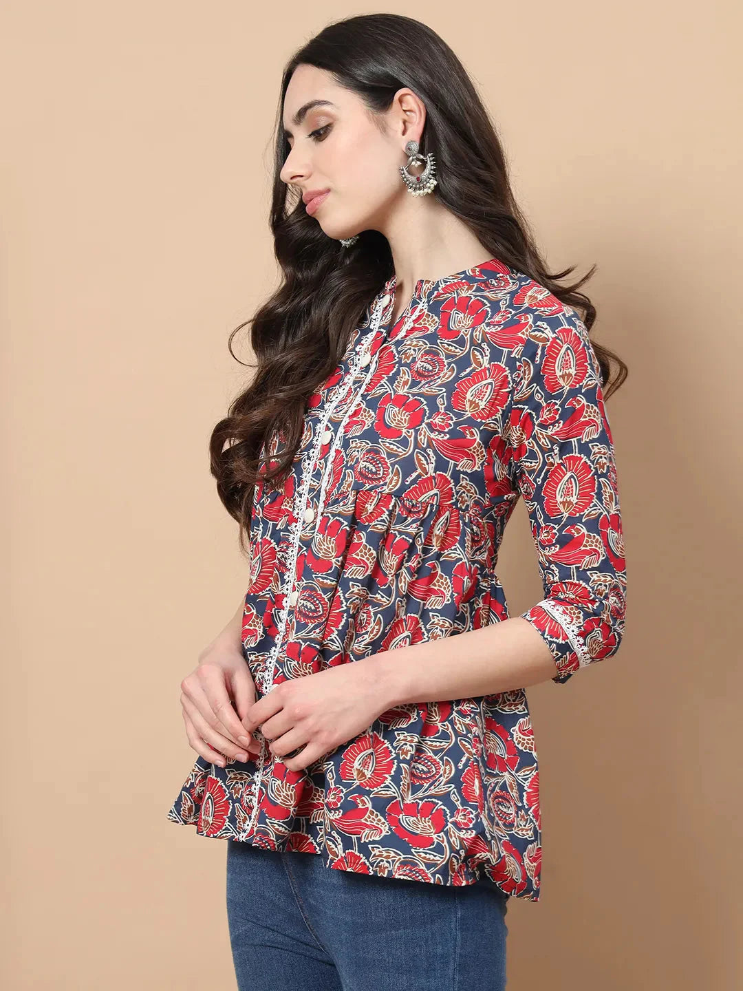 Cotton Floral Print Peplum Top With Lace Detailing