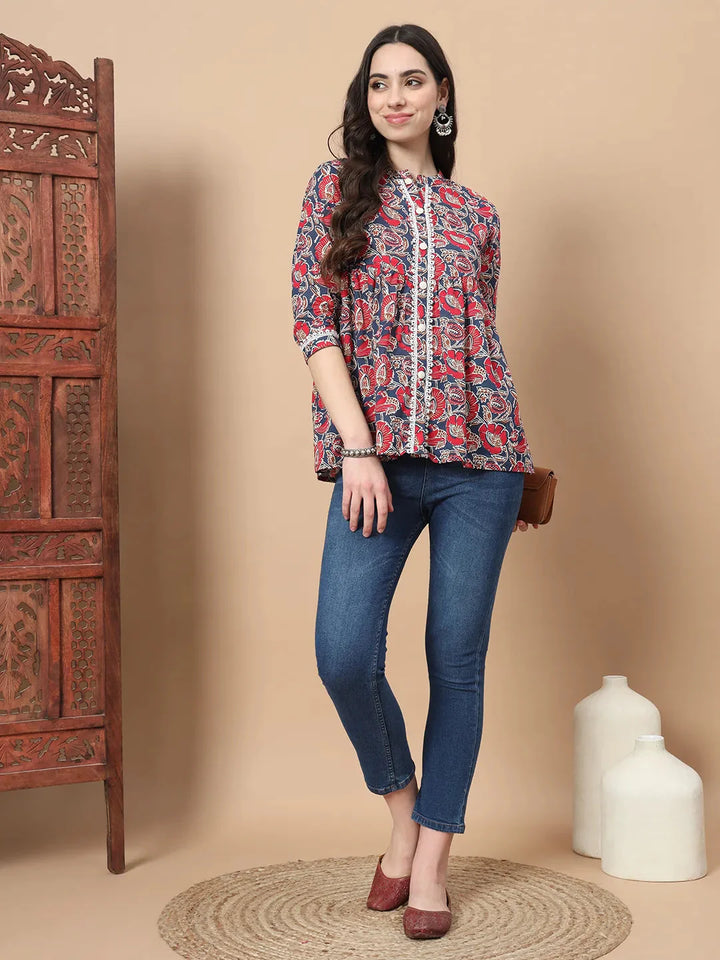 Cotton Floral Print Peplum Top With Lace Detailing