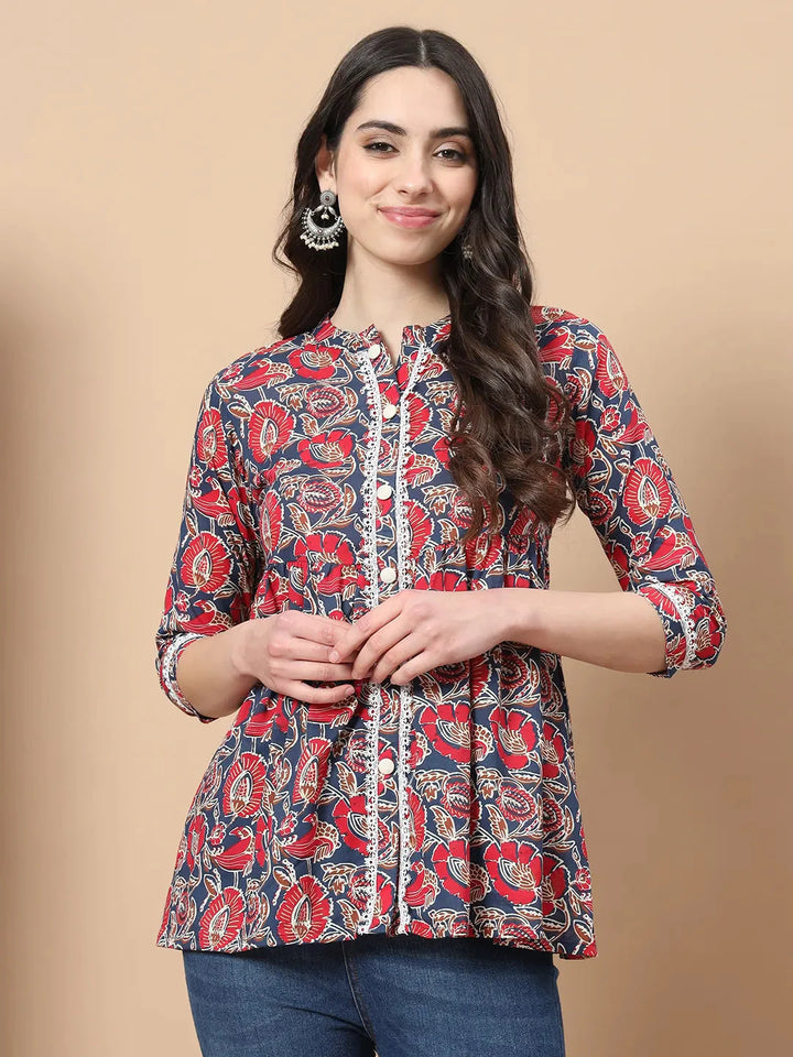 Cotton Floral Print Peplum Top With Lace Detailing