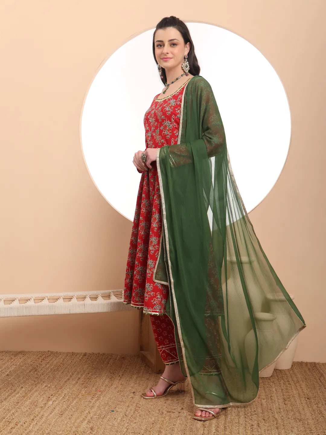 Red Cotton Long Sleeve Anarkali Kurta Dupatta Set