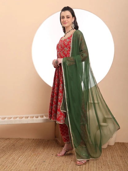 Red Cotton Long Sleeve Anarkali Kurta Dupatta Set