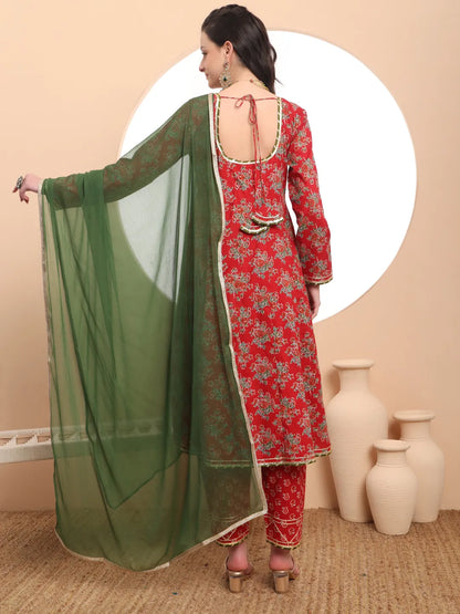 Red Cotton Long Sleeve Anarkali Kurta Dupatta Set