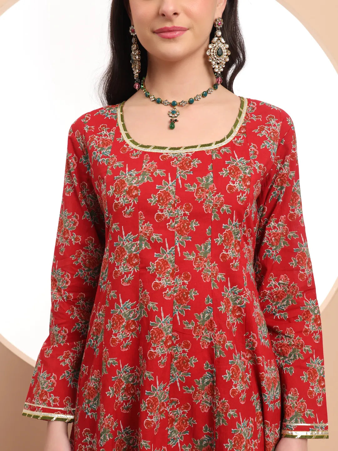 Red Cotton Long Sleeve Anarkali Kurta Dupatta Set