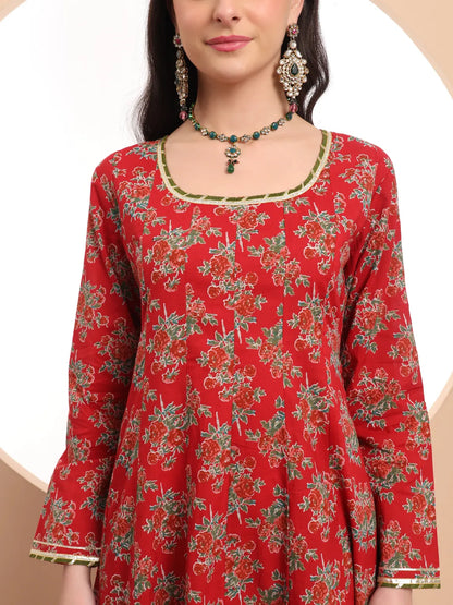 Red Cotton Long Sleeve Anarkali Kurta Dupatta Set