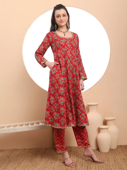 Red Cotton Long Sleeve Anarkali Kurta Dupatta Set