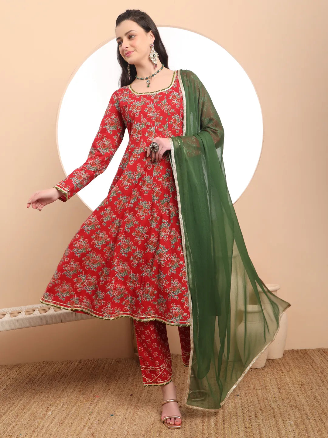 Red Cotton Long Sleeve Anarkali Kurta Dupatta Set