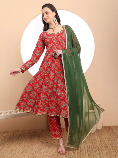 Red Cotton Long Sleeve Anarkali Kurta Dupatta Set
