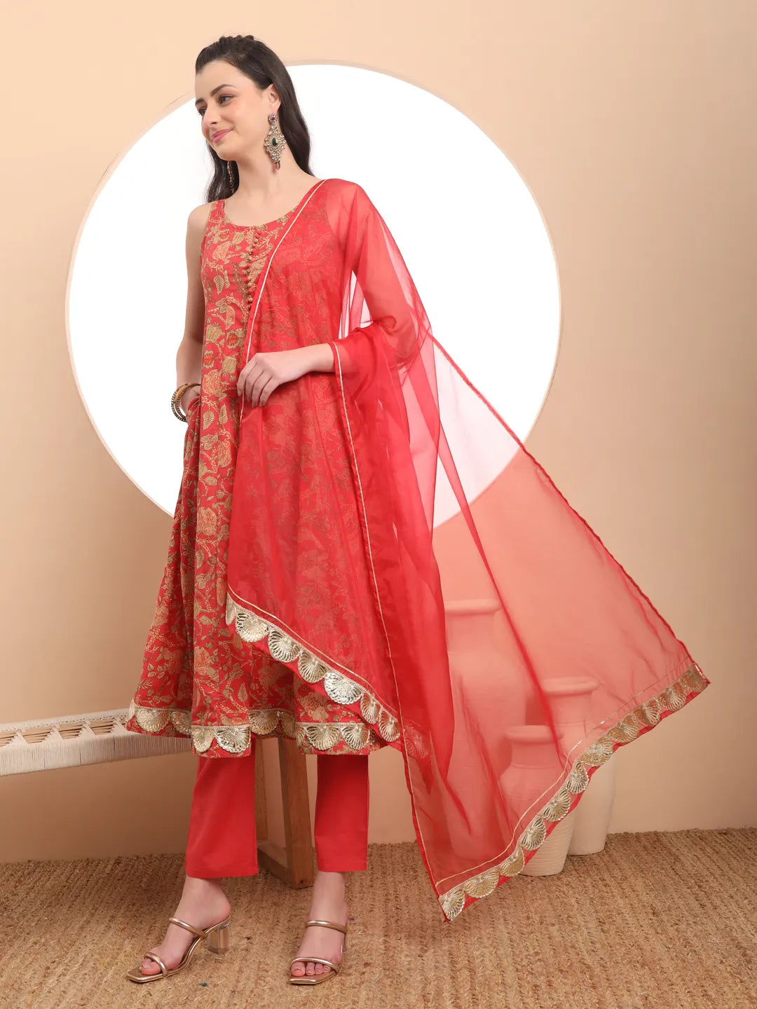 Red Cotton Sleeveless Anarkali Kurta Dupatta Set