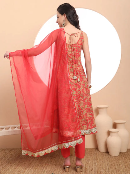 Red Cotton Sleeveless Anarkali Kurta Dupatta Set
