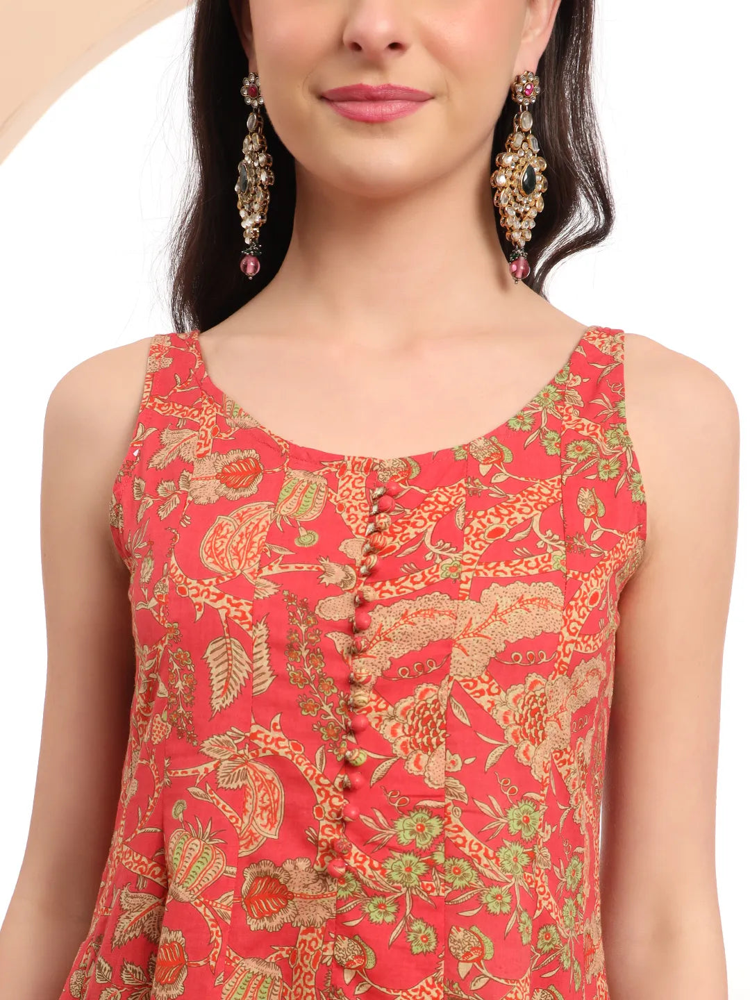 Red Cotton Sleeveless Anarkali Kurta Dupatta Set