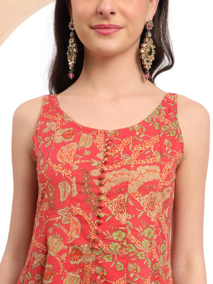 Red Cotton Sleeveless Anarkali Kurta Dupatta Set