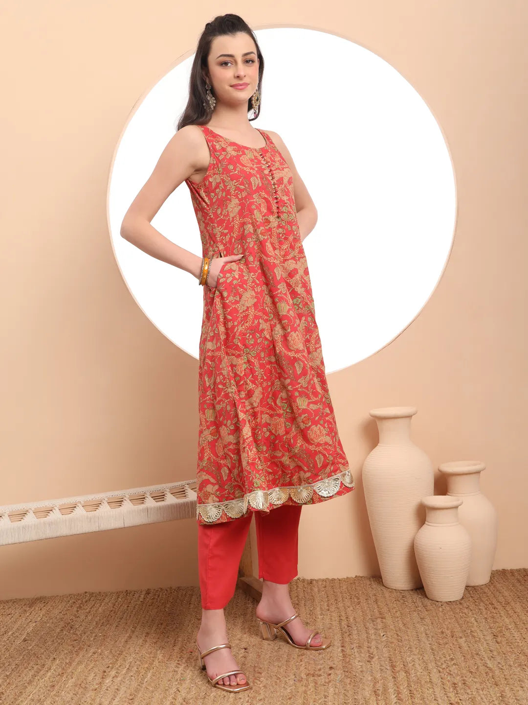 Red Cotton Sleeveless Anarkali Kurta Dupatta Set