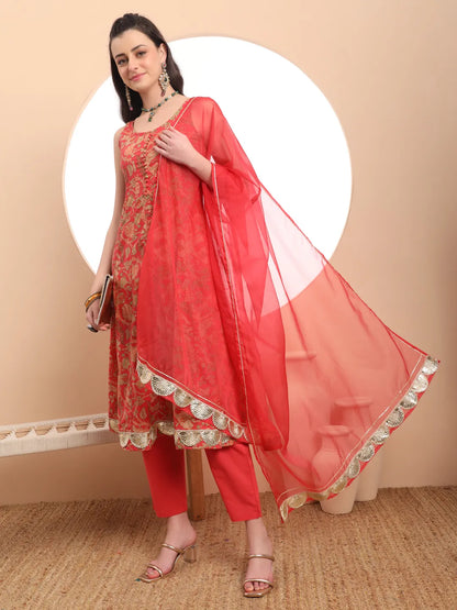 Red Cotton Sleeveless Anarkali Kurta Dupatta Set