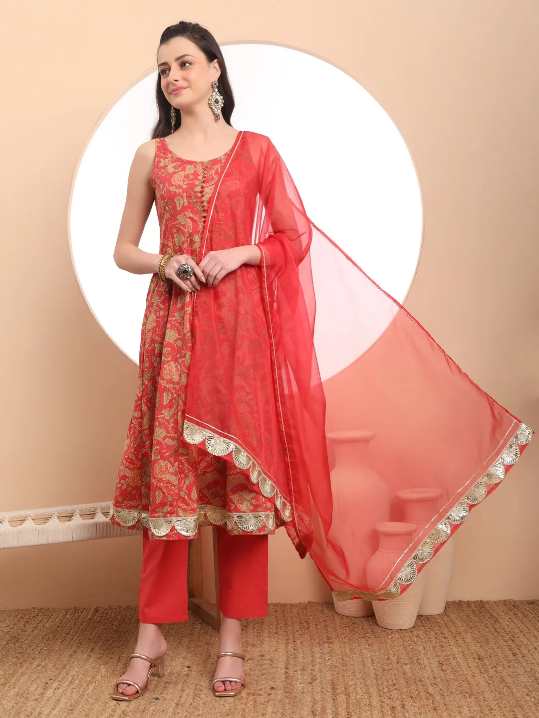 Red Cotton Sleeveless Anarkali Kurta Dupatta Set